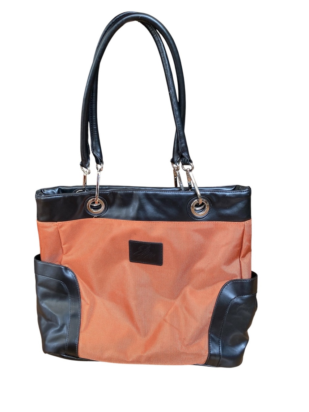 Joy Mangano Large Orange Black Drop Shoulder Handbag Purse Tote